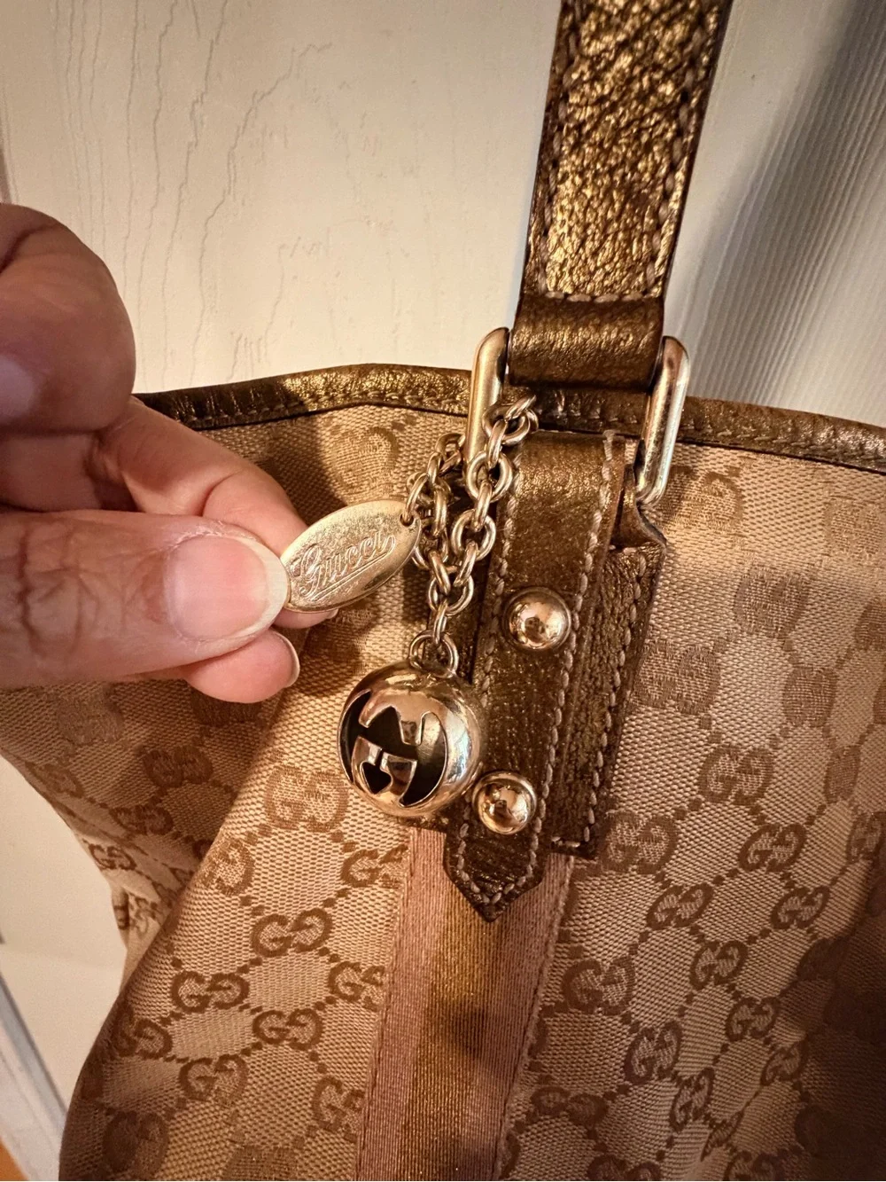 Gucci Beige Canvas Tote with Pink Stripe and Gold Handles